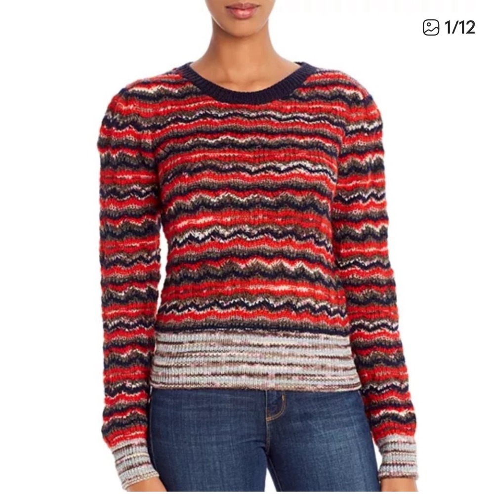 $298 TORY BURCH Lurex Stripe Knit Wool Blend Red Sweater Crew Neck Womens MEDIUM